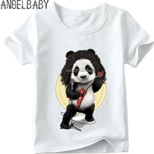 Fashion Print Rocker Panda Children Funny T shirt Boys and Girls Summer Casual Tops Kid Soft White T-shirt,HKP2033