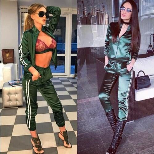 Fashion Tracksuit For Women Casual 2PCS Running Sets Striped Zipper Sport Zipper Top Pants Sportswear Shiny Material