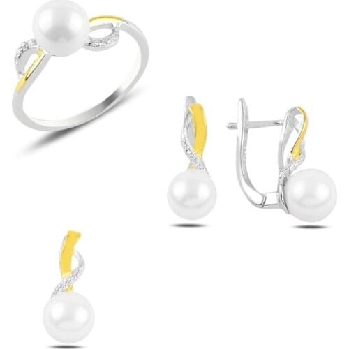 Silver 925 Sterling Pearl & Zircon Crystal Double Color Set
