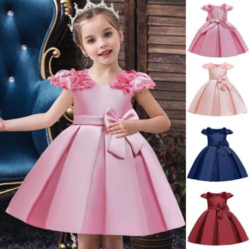 New 2021 Floral Big Bow Elegant Dress For Girls Evening Party Dresses Kids Wedding Dress Girl Princess Birthday Dress