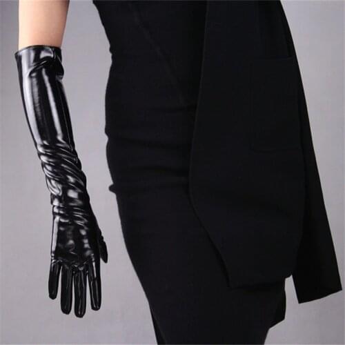 50cm Long Sectiof Patent Leather Gloves Emulation Leather Sheepskin Bright Leather PU Bright Black Womens Gloves WPU42-50