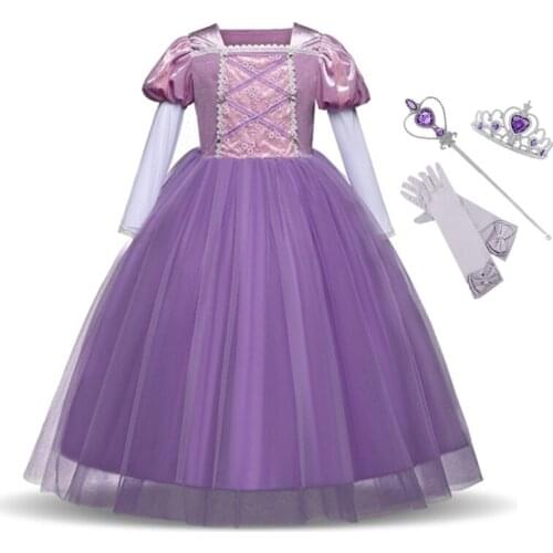 Girls Dress Long Puff Sleeve Sofia Ball Gown Children Kids Birthday Carnival Party Princess Long Hair Cosplay Costume
