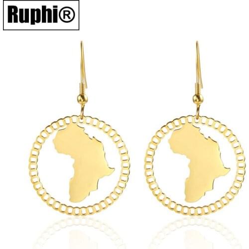 Gold Plated Hollow Round Circle Stainless Steel Africa Map Earrings for Women Fish Hook Earrings