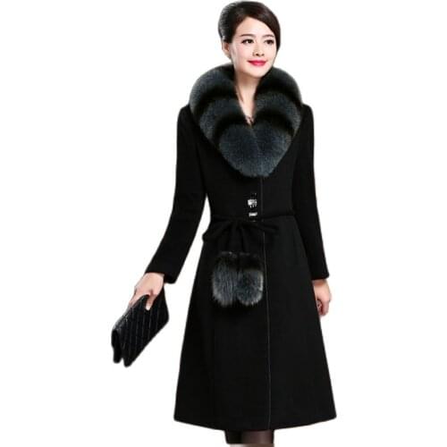Fox Fur Collar Wool Coat Womens 2021 New Female Winter Fashion Slim Long Woolen Jacket Femme High-end Woolen Overcoat 5XL A