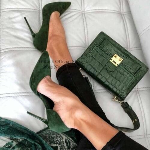 Sexy Deep Green Suede Cut-out High Heel Pumps Pointed Toe Shallow Stiletto Heels Dress Shoes Slip-on Celebrity Party Shoes