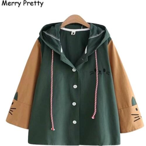 XUANHAO Cotton Womens Cartoon Cat Embroidery Basic Jackets And Coats 2020 Winter Warm Long Sleeve Patchwork Hooded Coats