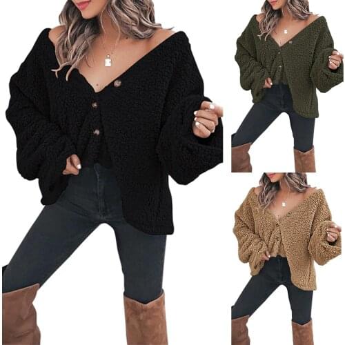 Women Button Down Fleece Jacket Winter Warm Long Sleeve Deep V Neck Solid Color Coat Spring And Autumn New 2021