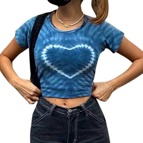 Womens Heart Graphic Crop Tops Short Sleeve Round Neck Tie Dye Print Slim Fit T-Shirts