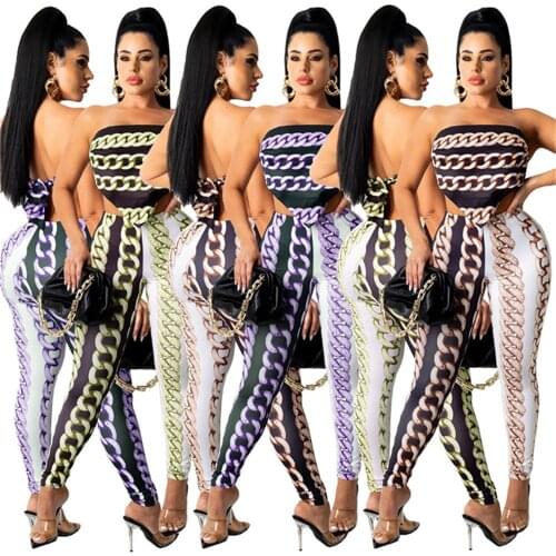 RStylish Summer 2021 Fashion Print Sleeveless Strapless Crop Tops Leggings Bodycon Women Two Piece Pants Set