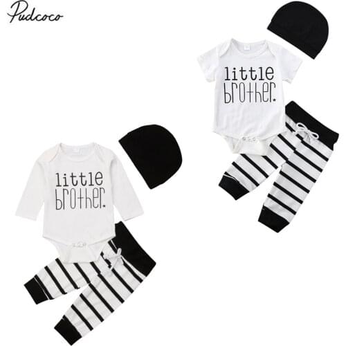 2020 Baby Summer Clothing Infant Baby Boy Brother Top Short Sleeve Letter Romper Stripe Pants Beanie Hat 3Pcs Outfit Clothes Set