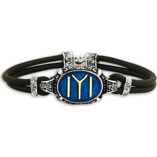 925 Sterling Silver Leather Bracelet for Men with Blue Enamelled Special Ottoman Group Sing