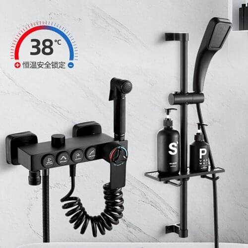 Black Display Thermostatic Shower Faucet Set Height Can Adjust Bathtub Tap With Bathroom Shelf Water Flow Produces Electricity