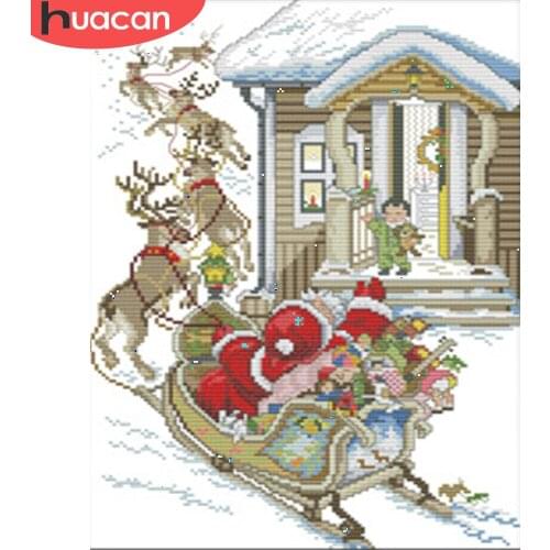 HUACAN Embroidery Santa Claus Cross Stitch Christmas Sets White Canvas Needlework Handicrafts Cross Stitch Gift 14CT 11CT