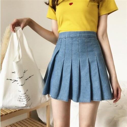 Imcute Denim Mini Skirt For Women High Waist Pleated Skirt Elegant Ladies Fashion Streetwear Party Club Girl Clothes