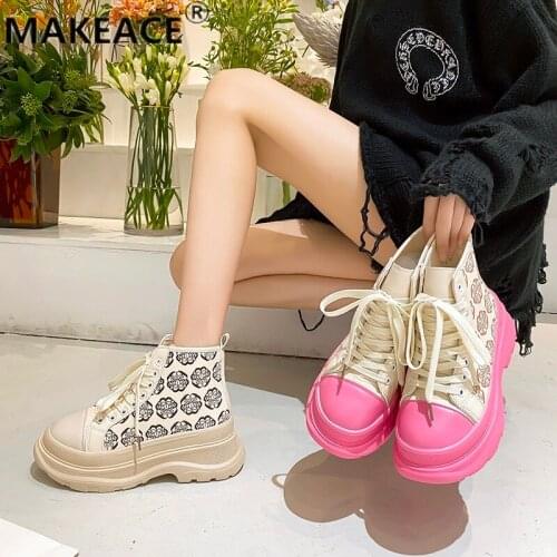 Fashion Womens Shoes Thick Soled Sports Shoes Autumn New Lace-up Printed Girls Cool Casual Shoes High Top Vulcanized Shoes