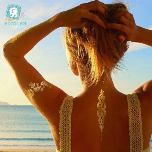 Fashion Metallic Waterproof Temporary Tattoos Gold Silver Tatoo Women Back Chest Henna Flower Flash Taty Body Art Tattoo Sticker