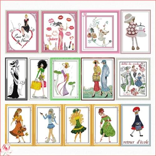Fashion Girl Cross Stitch Kits Figure Pattern Printed Canvas Embroidery Kit Needlework Sets 11CT 14CT DIY Crafts Home Decoration