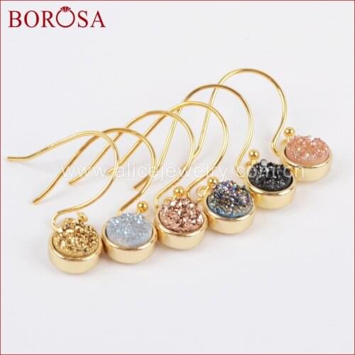 BOROSA Fashion Hook Earrings Gold Bezel Round Rainbow Titanium Druzy Charm Drop Earrings Dangle Earrings Drusy Jewelry ZG0160