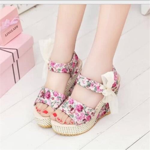 Fashion Women Sandals Summer Wedges Womens Sandals Platform Lace Belt Bow Flip Flops open toe high-heeled Women shoes Female