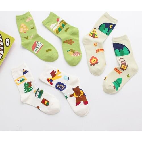 Childlike Womens Spring Outing Bear Forest Personality Tide Socks Cartoon Graffiti Avocado Green Cute Girl Socks EU 35-43 Size