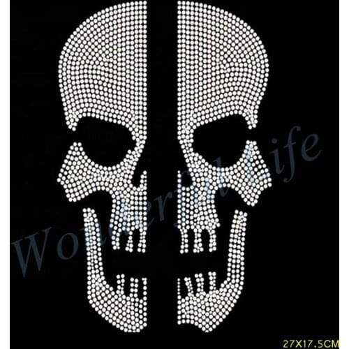 New Hot 4PCS/lot Custom Skull Skeleton Hotfix Rhinestone Transfer Maotif for Oversize Zip Sweatshirt