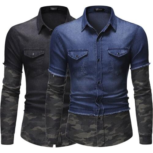 New Popular Mens European and American Denim Casual Long-sleeved Camouflage Stitching Denim Shirt Lapel Design Free Shipping