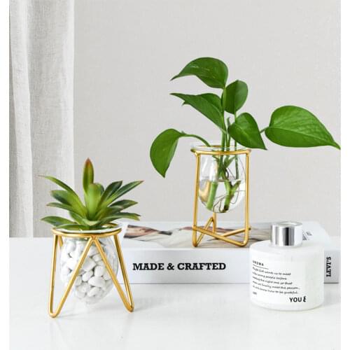 Newest Arrival Hydroponic Plant Pot with Transparent Glass Container Geometric Wrought Iron Decoration