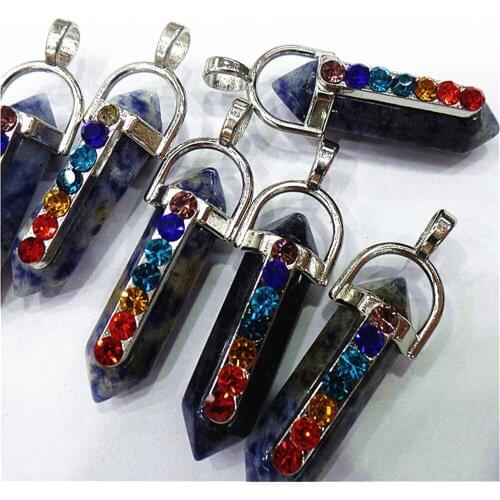 10Pcs 41x8mm Wholesale Natural Blue Sodalite Six Angle Alloy With Hood Set Auger Reiki DIY Handmade Jewelry Accessories S821