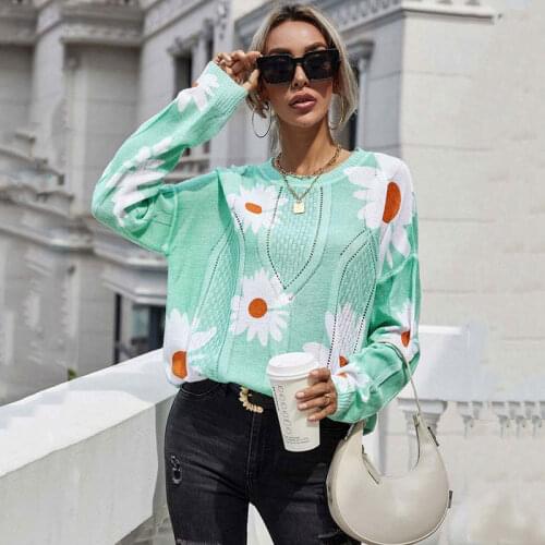 2021 Autumn Flower Sweater Women Knitted Sweater Women Loose Pullover Women Floral Pirnt Jumper Ladies Knitwear