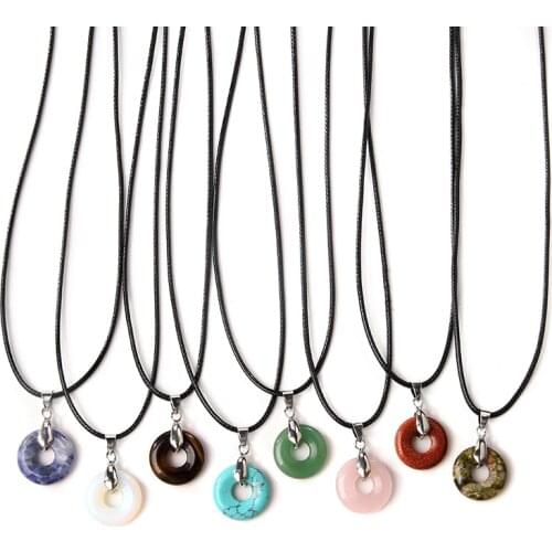 Natural Green Aventurine Jad Peace Buckle Pendant Necklace Women Fashion Black Leather Rope Big Hole Sodalite Beads Charm Collar