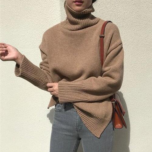 Trendy Fad Womens Sweaters Autumn Winter Pullover Knitted Turtleneck Split Minimalist Solid Korean Style Loose Tops SW7400