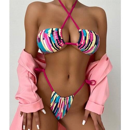 QINJOYER Bikini Women Striped Swimsuit Thong Brazilian Bikini Set 2021 Women Swimwear Bandage Swimsuit Bathing Suits Women