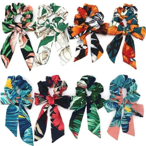 Hair Floral Scrunchie with Big Bow Elastic Hair Bands Women Girls Headwear Ponytail Holder Hair Accessories RT005