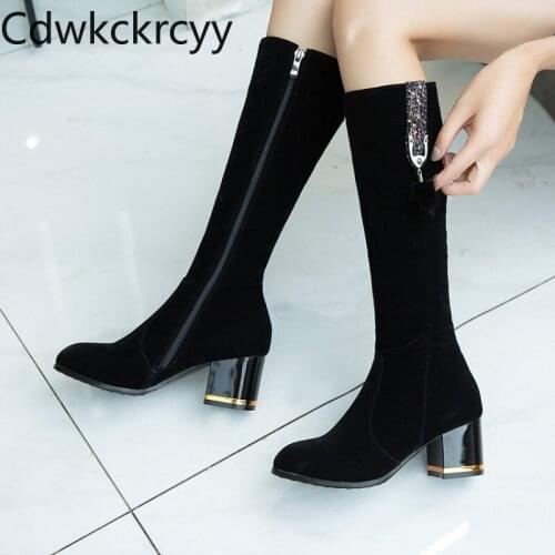 Winter The New fashion Round head Suede Thick heel 7CM Knight boots black Sequin Plus velvet Keep warm High heel Women boots