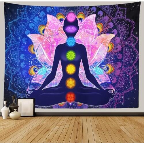 SepYue Indian Buddha Statue Meditation Chakra Tapestry Wall Hanging Mandala Tapestries Wall Cloth Psychedelic Yoga Carpet Boho