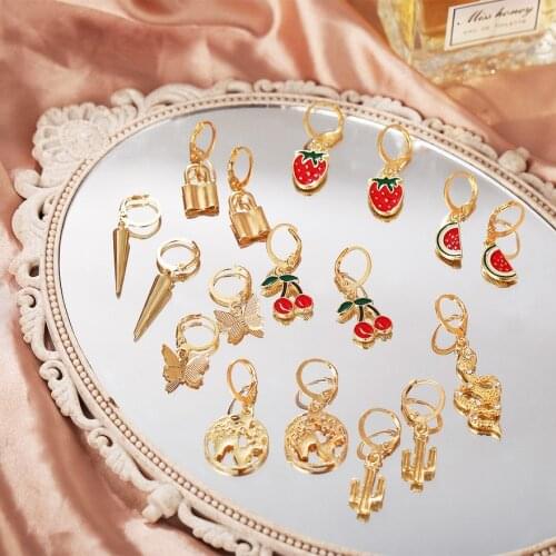 9Pairs/Set Fruits Earrings Set For Women 2020New Map Snake Animals Dangle Earring Butterfly Cute Earrings Girls Gift Jewelry