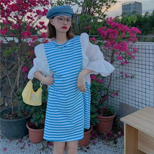 Loose Dresses for Women Striped Korean Clothes Summer Preppy Style Ruffles Short Dress Casual Style Fashion Female Clothing