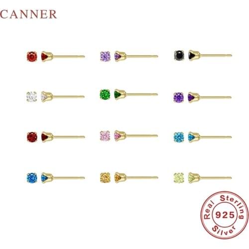 CANNER Hot Selling 12 Months Birthstone Stud Earrings 100% 925 Sterling Silver Zircon Earrings For Women Gold Jewelry Korean