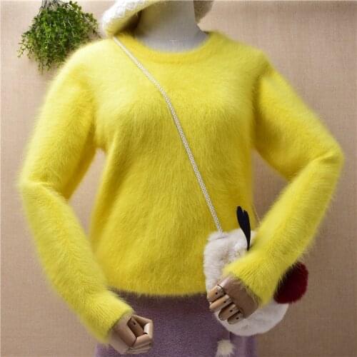 Ladies women fashion hairy plush Fall winter angora rabbit hairy slim bottoming blouses mink fur soft warm jumper sweater pull