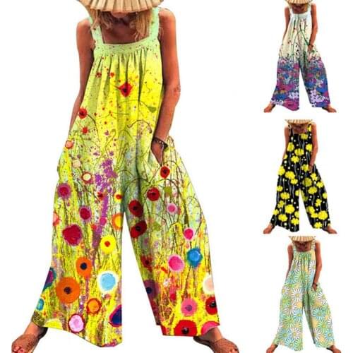 Hot Sales Beach Jumpsuit Floral Print Suspender Women Sleeveless Wide Leg Pockets Romper Beachwear