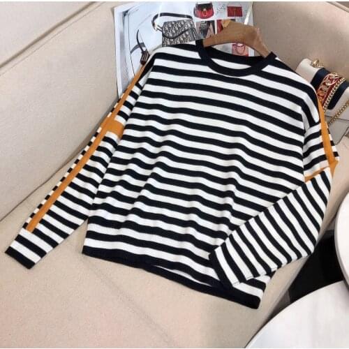 Fashion 2021 New Ladies Long Sleeve Sexy Navy Stripe Color Block Crew Neck Sweater 1224