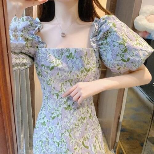 Bubble sleeve floral dress chic gentle wind design small purple French retro princess summer harujuku dress