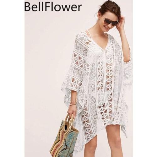 2021 Cotton Hollow Out Knitted Swimsuit Blouse Hot Spring Beach Holiday Loose See Through V-neck Beach Sunscreen Bikini Cover Up