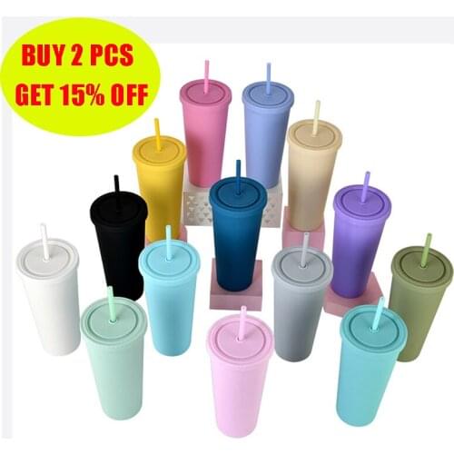700ml Straw Plastic Cup Beverage Coffee Cup New Colorful Double-Layer Frosted Water Cup Straw Mug Simple Cute Portable Cup