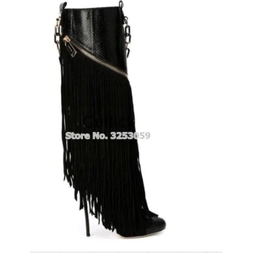 ALMUDENA Women Black Snakeskin Fringe Chain High Boots Patchwork Zipper Tassel Meatl Decoration Knee High Tall Boots High Heels