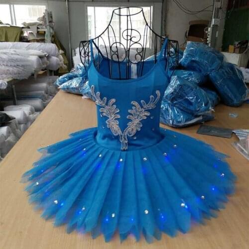 Ballet Professional Costume Fluorescent Pompon Dress Swan Lake Tutu Dress School Art Opening Show Blue Pancake Jumpsuit H643