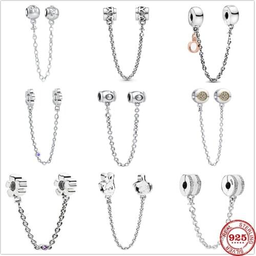 925 sterling silver shiny flower starfish cat safety chain bead fit pandora charm silver original bracelet DIY jewelry for women