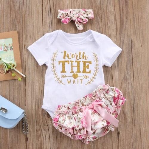 Newborn Baby girls 3pcs clothing set letter Worth The Wait Tops Bodysuit+Rose lace Shorts+Headband Infant Girls Clothing outfit
