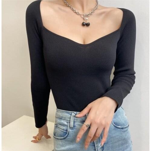 MESTTRAF Women 2021 Fashion Solid Color Slim Knit Sweater Retro Long Sleeve Square Collar Pullover Streetwear