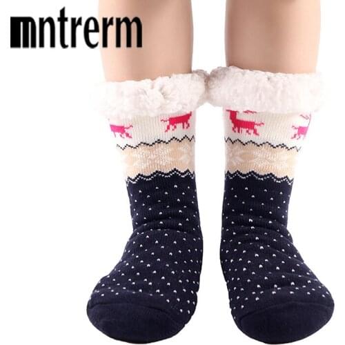Mntrerm High Quality Winter Christmas Floor Socks Thickening Womens Slip-Resistant Deer Cartoon Gift Knitted Wool slippers